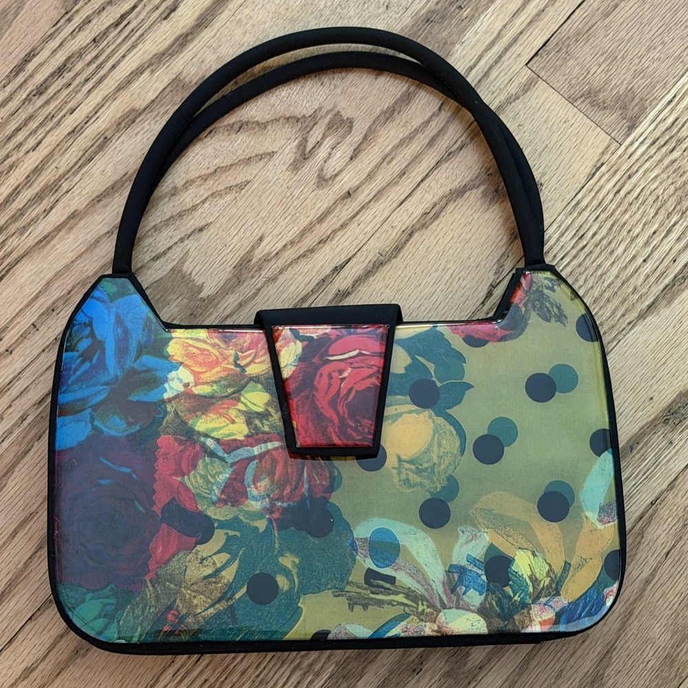 Vintage Angela Frascone Hard Shell Purse Floral Resin Top Handle Artsy Boho 90s